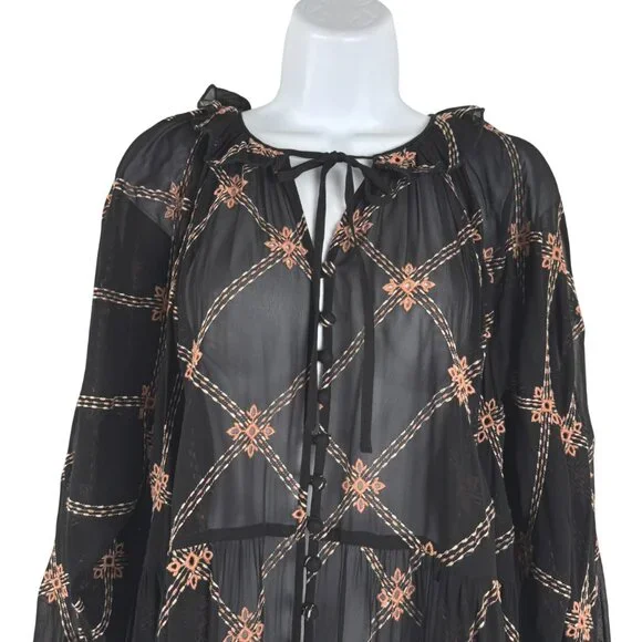 Johnny Was Jackie Mini Dress Large Black Sheer Embroidered Boho Rayon DR-1817 - Picture 5 of 9